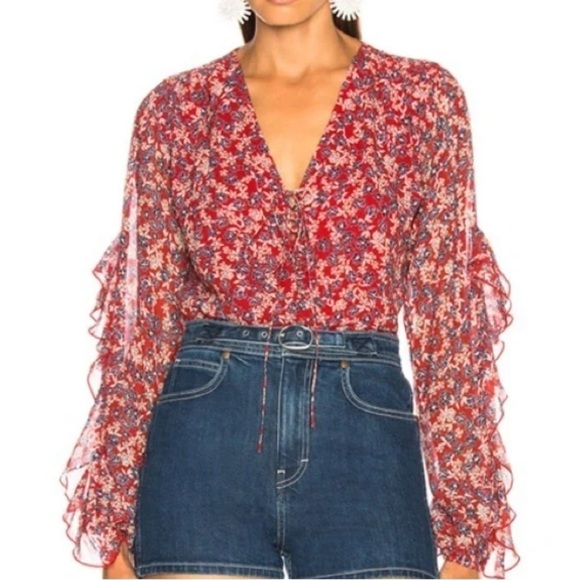 NICHOLAS Revolve Red Silk Blossom Ditsy Micro Floral Ruffle Blouse Top - Picture 1 of 6